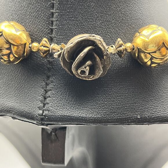 Vintage 1940s Gold Tone Textured Rose Bud Ball Bead Necklace 21" Floral MCM - Picture 5 of 6